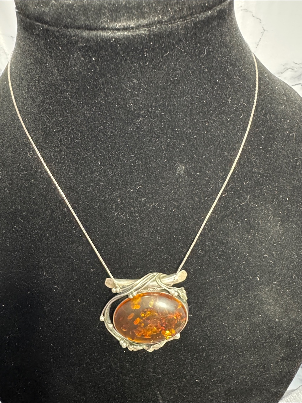 Sterling Silver Amber Pendant Necklace - Honey Amber
